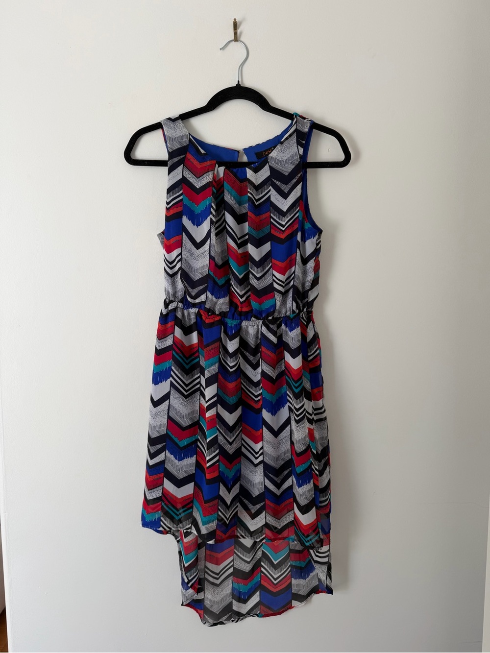 Dex Multicolor Chevron High-Low Dress — Blue, Red, Black & White
